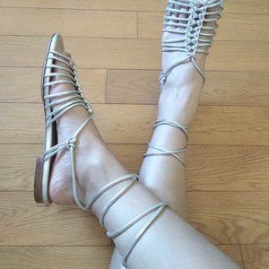 Michael Kors Metallic Silver Leather Fagan Lace-Up Sandals, 38 / 7 - 7.5 EUC